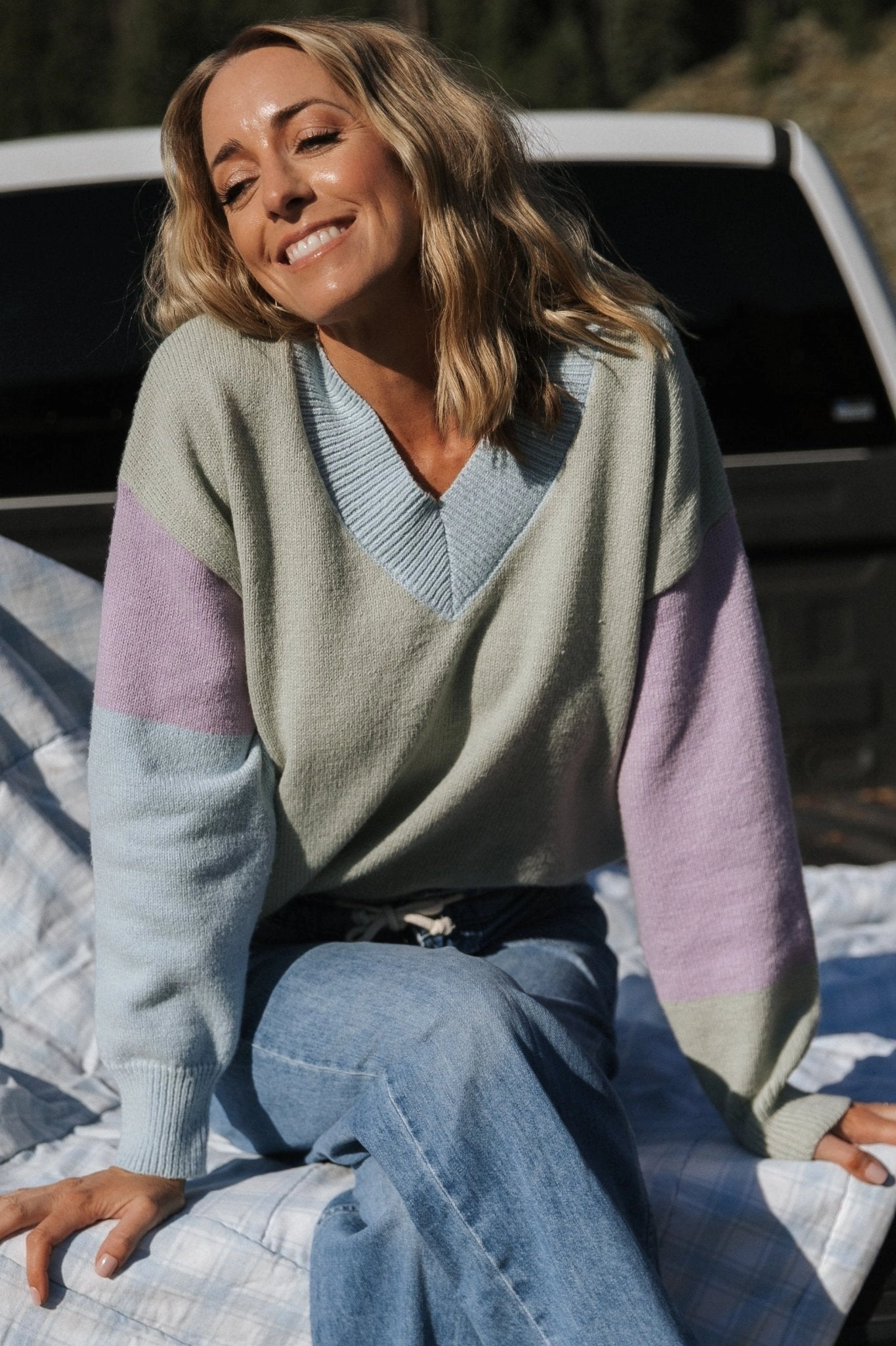 Cold Weather Comfort Varsity Color Block Sweater | Sage