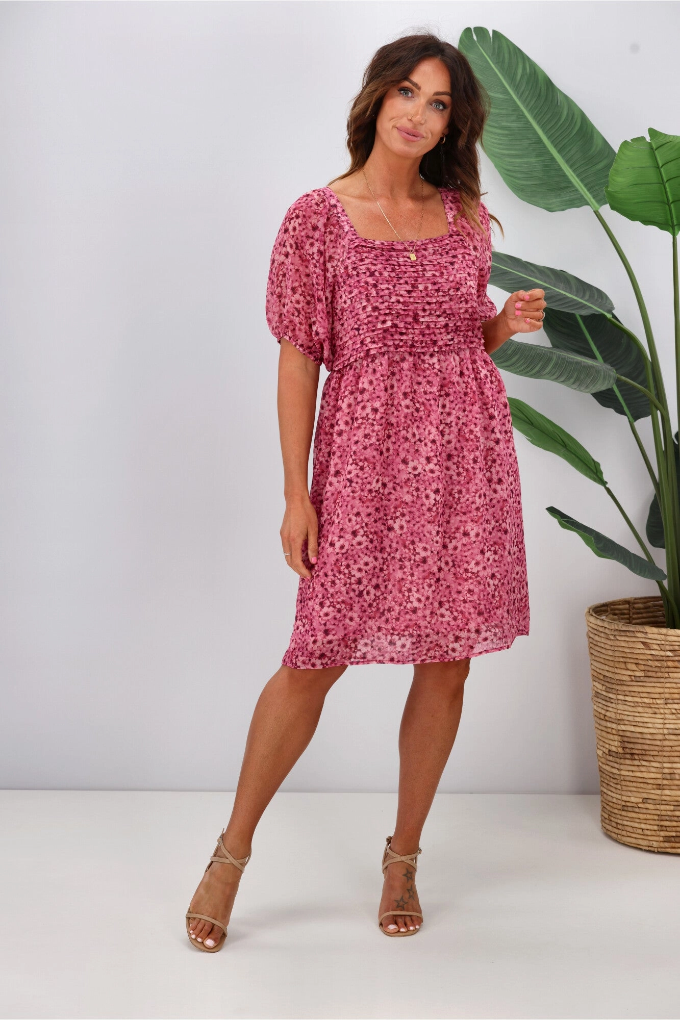 Feminine Design Silky Finish Gloss by Shine On Ilaria Pintuck Detail Dress Pink Floral