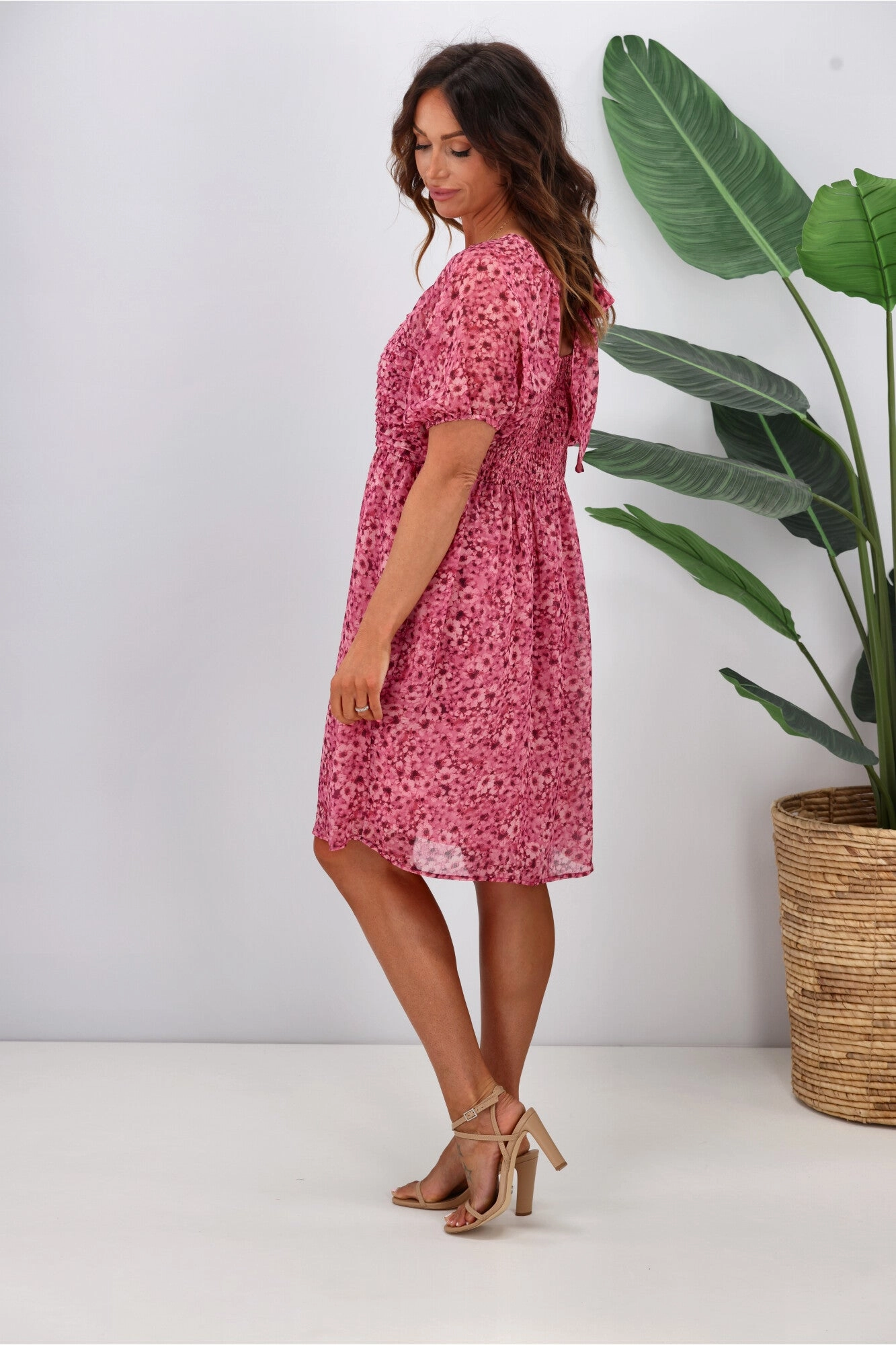 Flared-Hem Gloss by Shine On Ilaria Pintuck Detail Dress Pink Floral