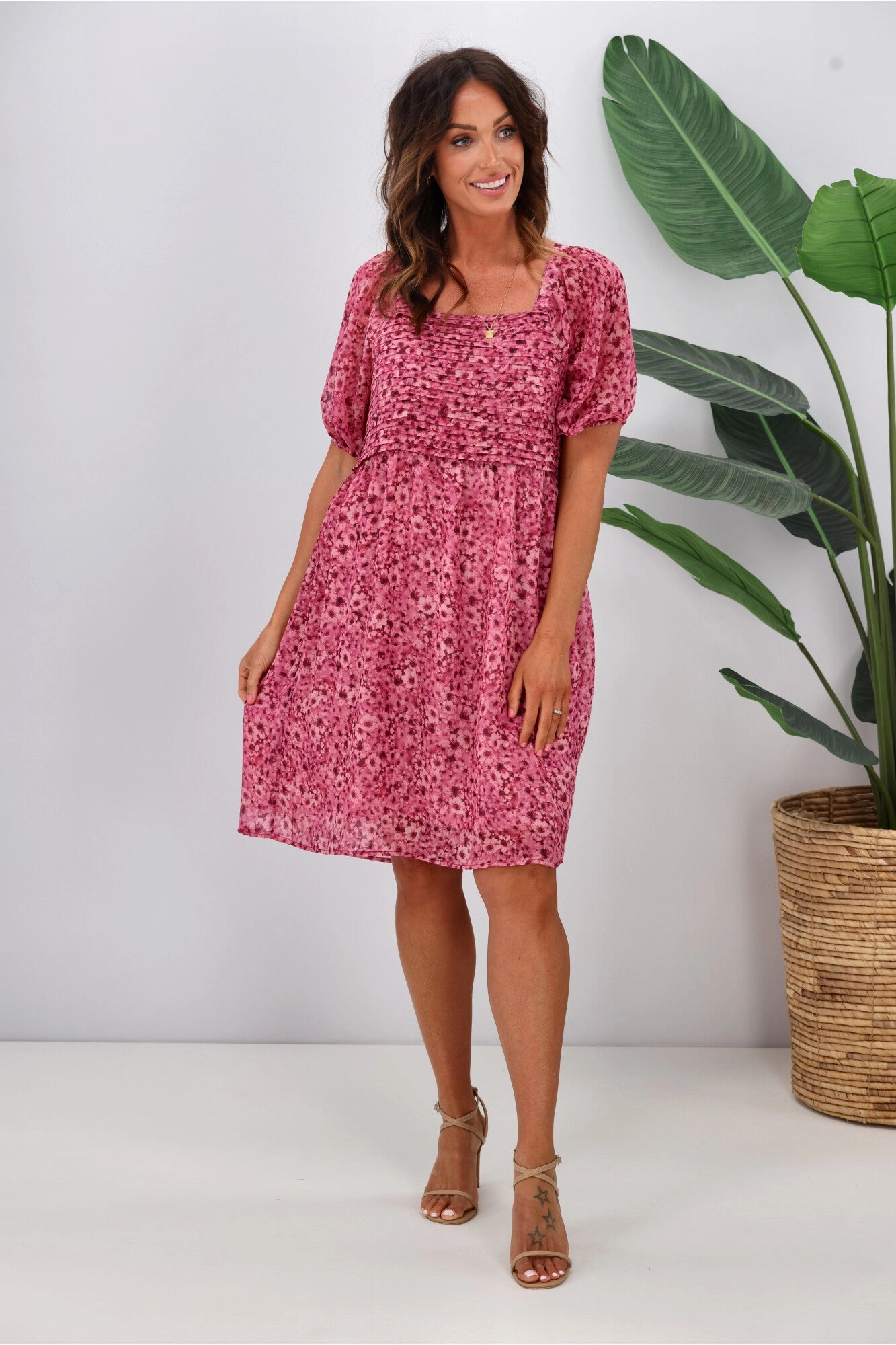 Sheer Overlay Smooth Drape Gloss by Shine On Ilaria Pintuck Detail Dress Pink Floral