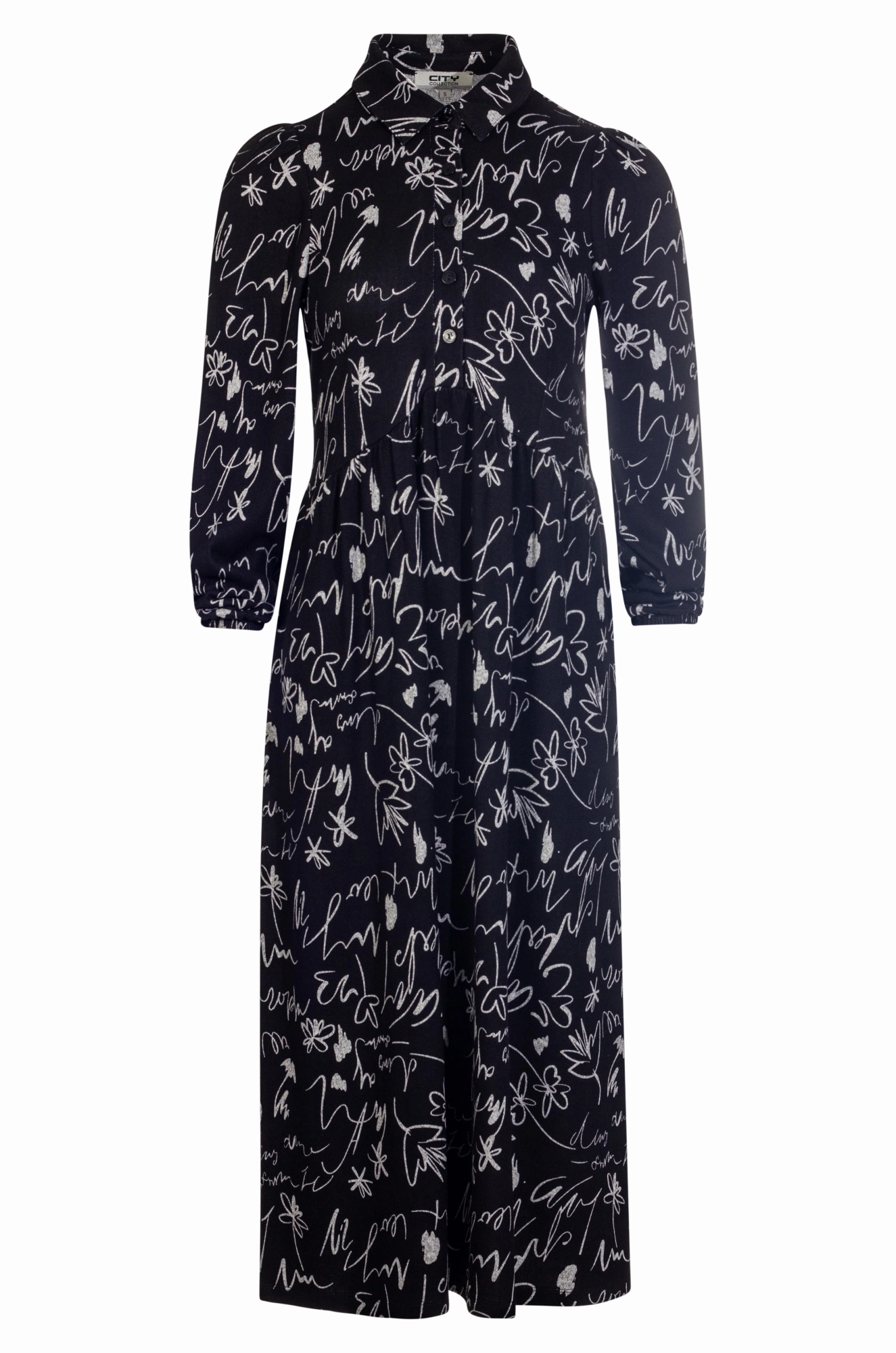 Subtle Lines Sleek Design Warm Touch Dress with collar | Black Silver Text | 7915BR