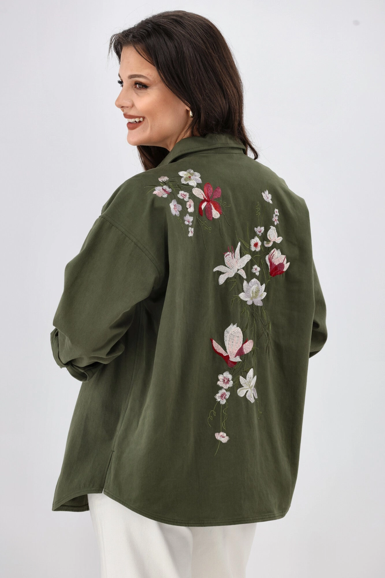 Advanced Layering System Minimal Travel Look Shine On Label Oasis Embroidered  Shacket Olive
