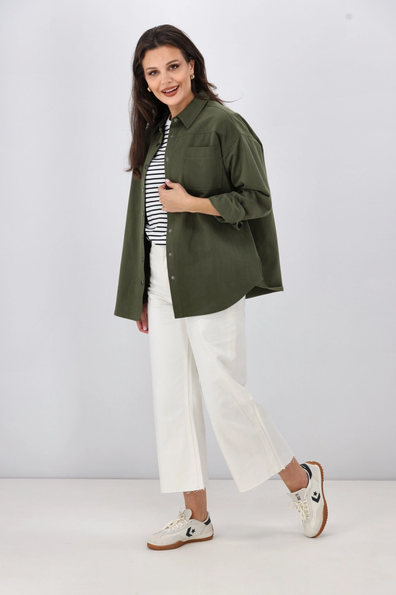 All Day Layering Shine On Label Oasis Embroidered  Shacket Olive