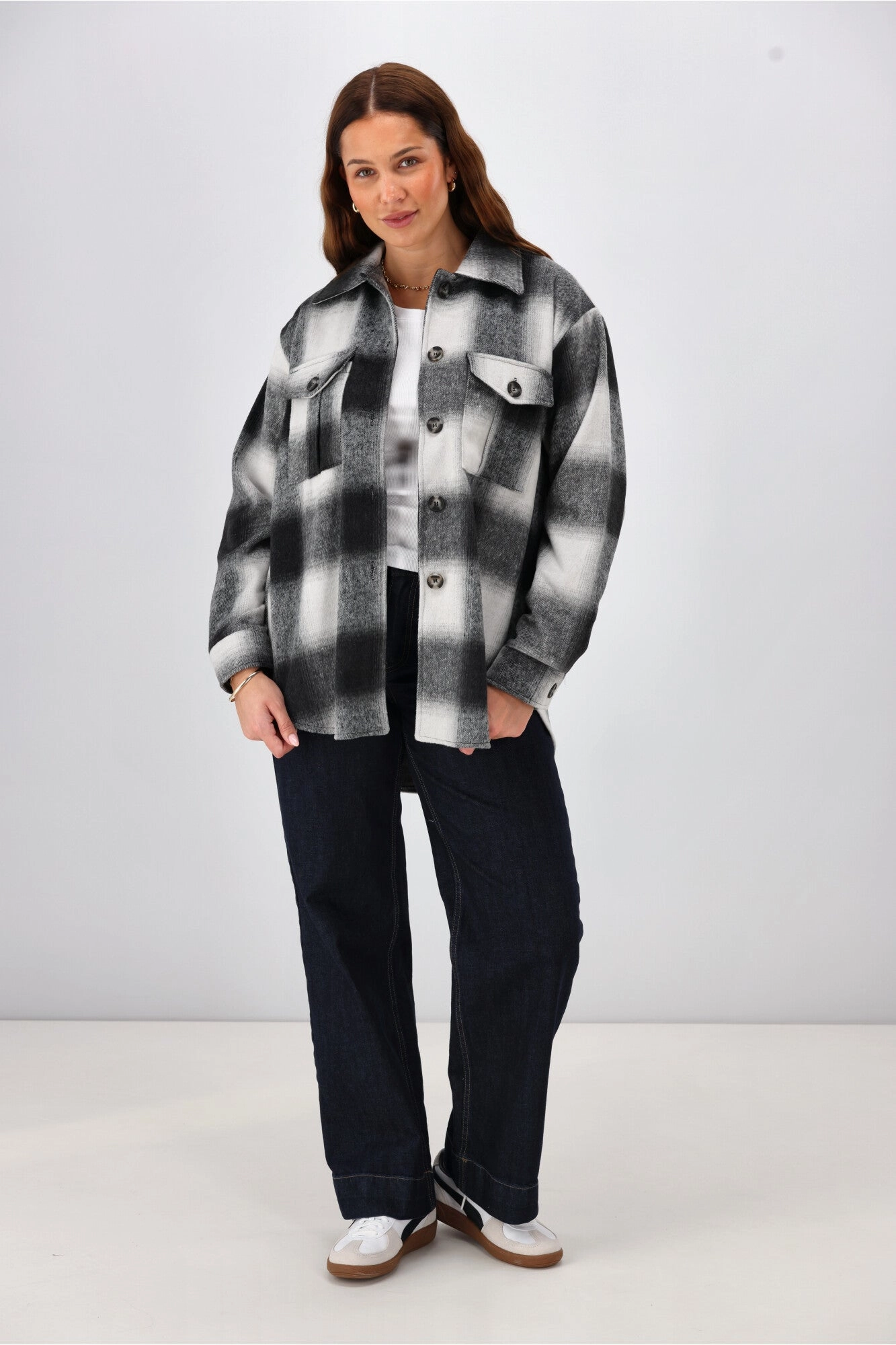 Shine On Label Treyton Checked Shacket Midnight Wind Resistant Fabric