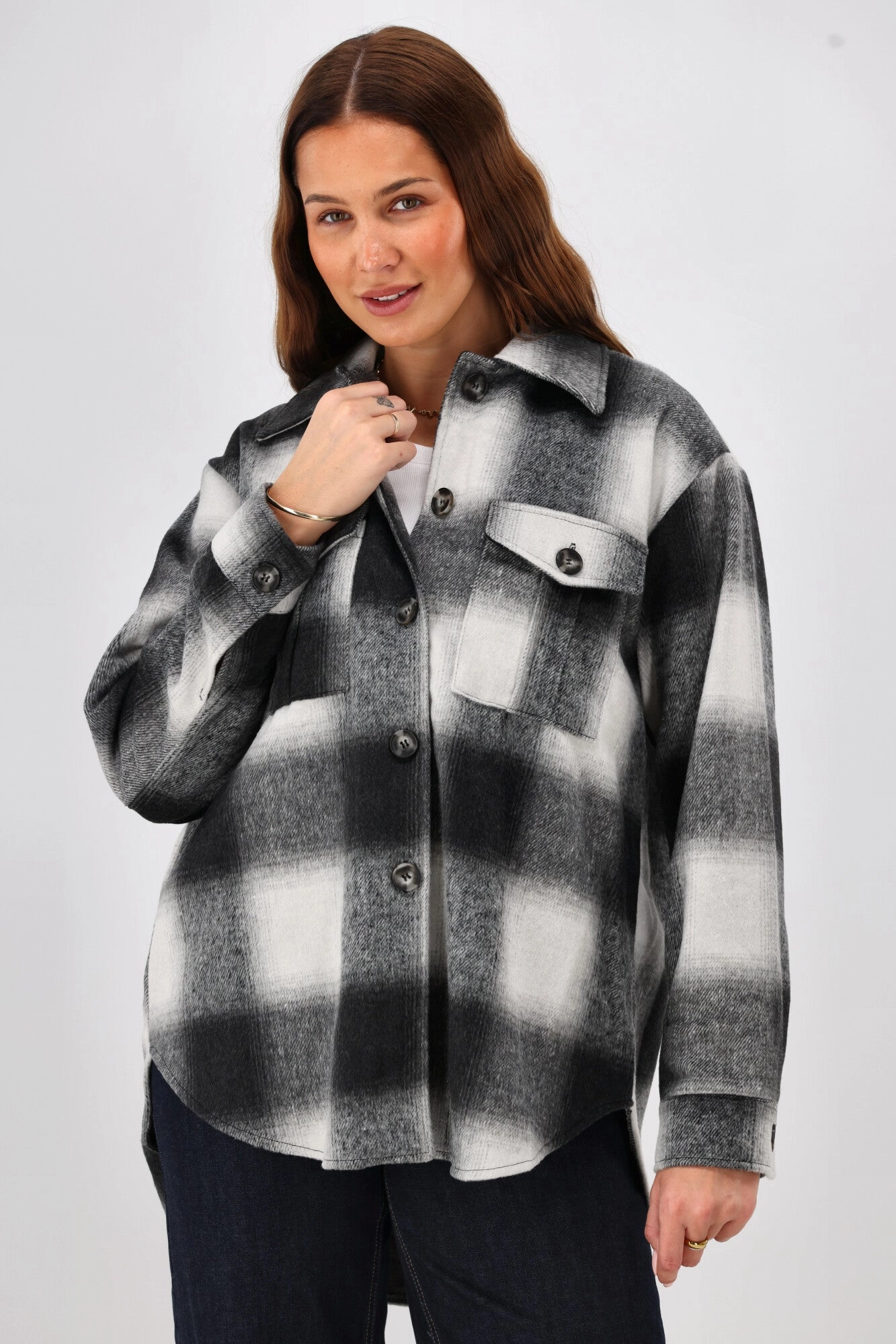 Flexible Fiber Fill Sleek Layer Fit Shine On Label Treyton Checked Shacket Midnight