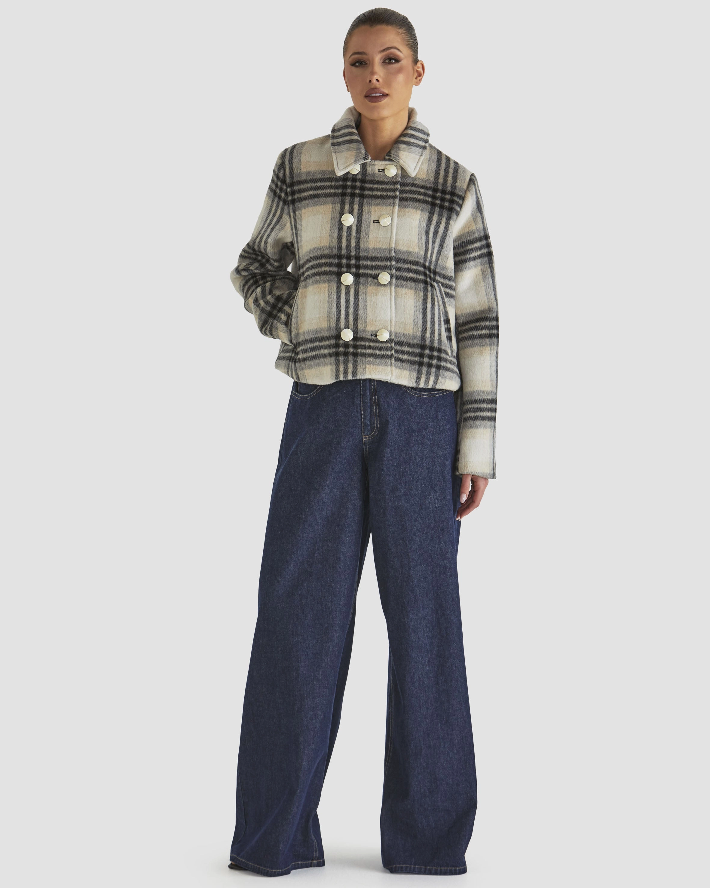 Fate Peaceful Jacket Check Non Restrictive Armholes Layered Collar