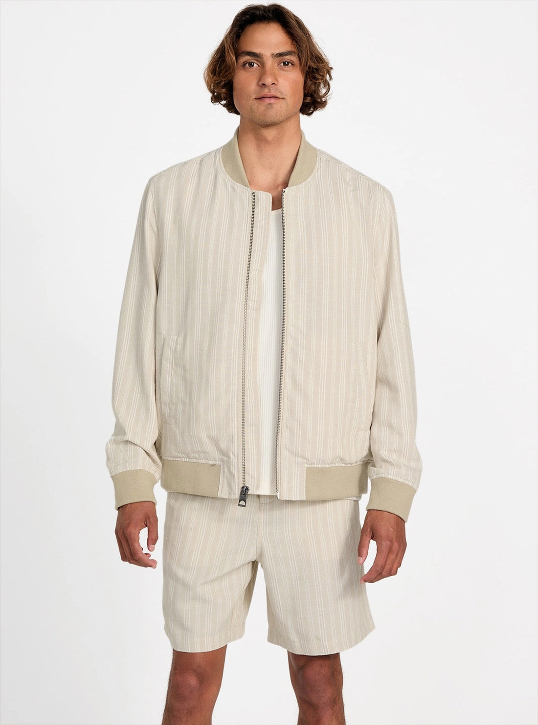 Eco Beige Fletcher Linen Striped Bomber Jacket Monochrome Look Eco Friendly Production