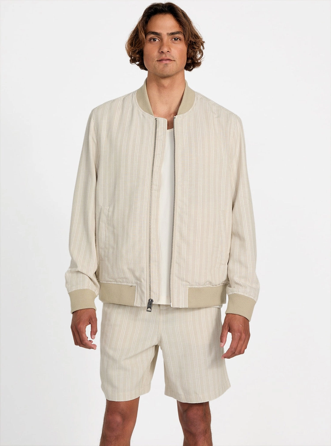 ConvertibleCollar Checkered Style Eco Beige Fletcher Linen Striped Bomber Jacket