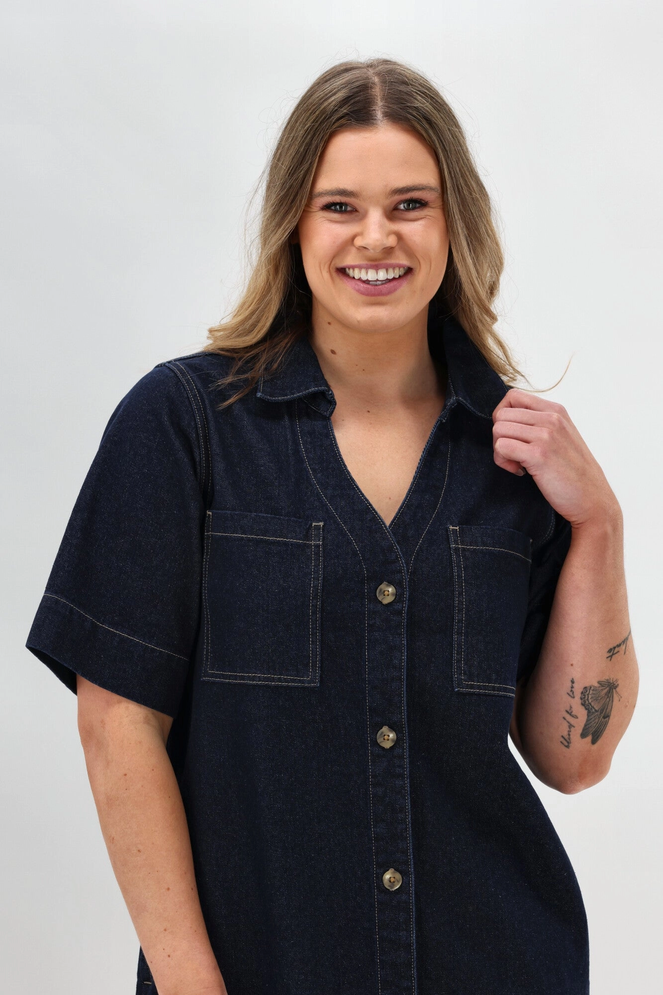 Relaxed and Effortless Shine On Label Cherish Denim Boxy Dress Dark Indigo