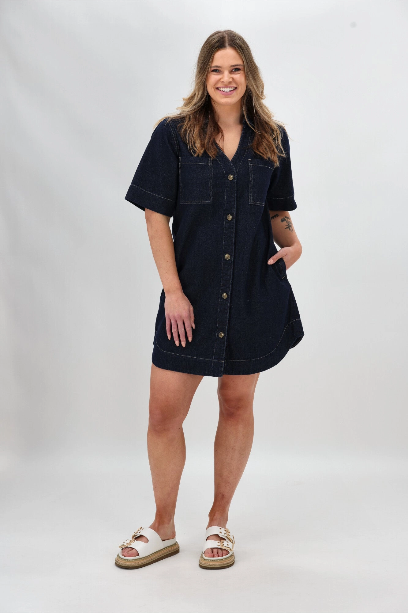 Shine On Label Cherish Denim Boxy Dress Dark Indigo Farm Air