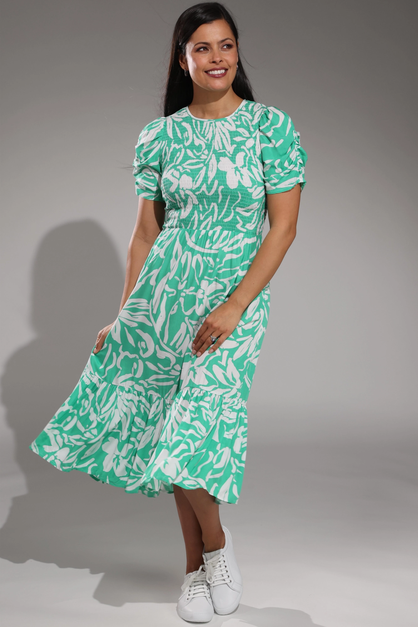 Versatile Comfort Shirred bodice Dress | Jade Ivory Leaf | 3342A1