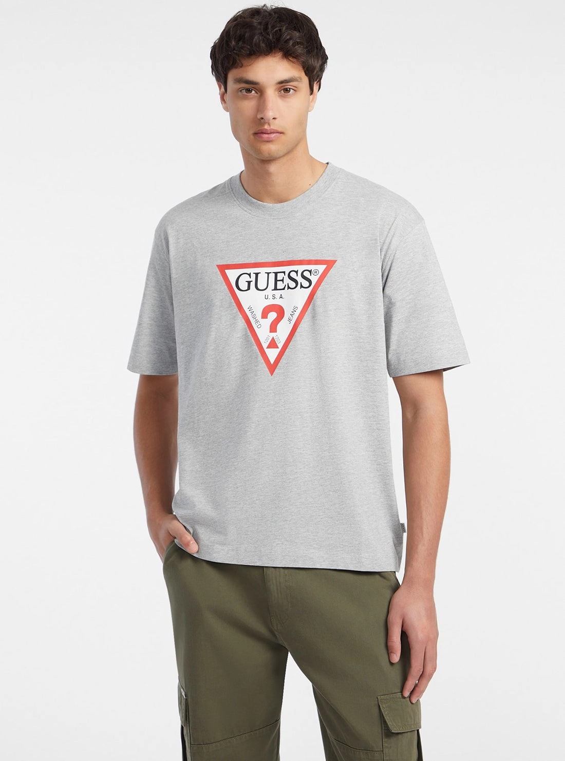 Durable Reinforced Hem Guess Jeans Grey Logo T-Shirt