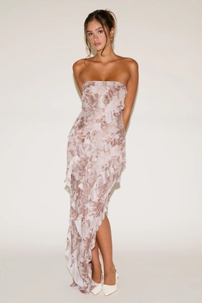 FLORAL PRINT BIAS RUFFLE STRAPLESS MAXI DRESS Hand-Wash Calm Movement