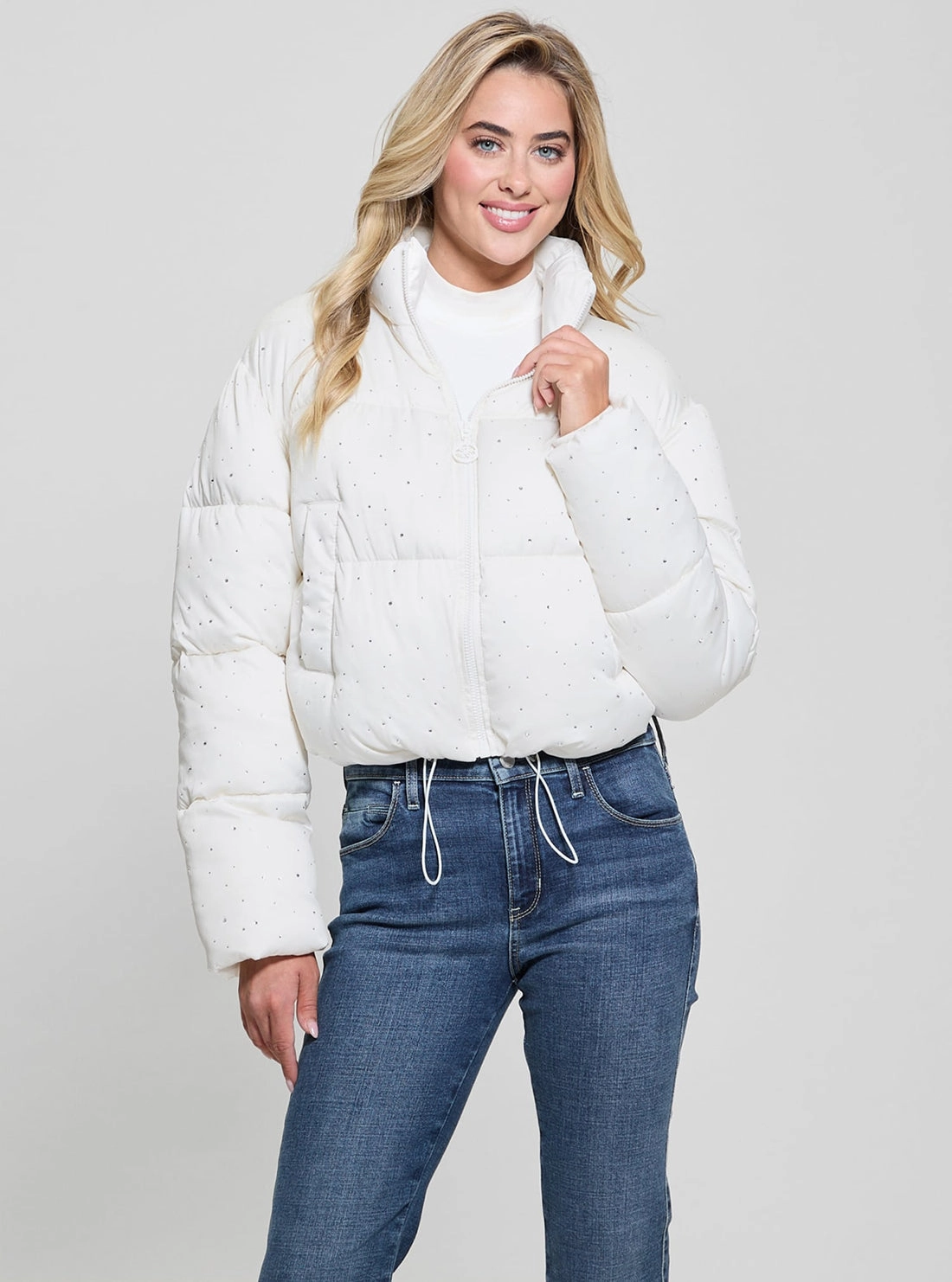 Tear Resistant Knit Rubberized Edging White Antonia Strass Puffer Jacket