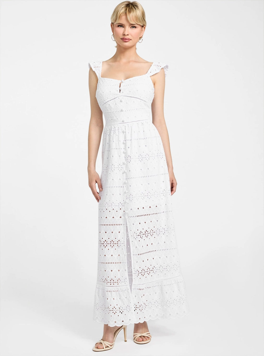 White Elvire Sangallo Maxi Dress Modern Waist Frayed-Edge