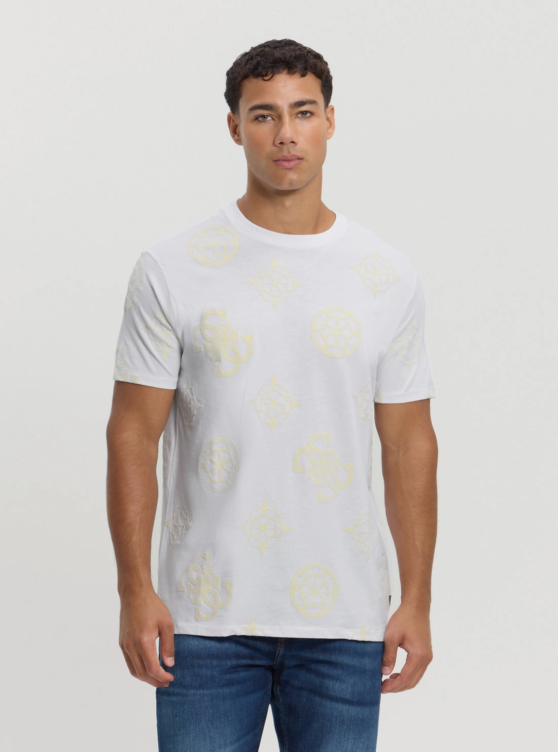 White Peony Print T-Shirt Anti Pilling Treatment Drop Shoulder Cut