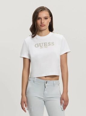 White Rhinestone Logo Cropped T-Shirt FadeResistant