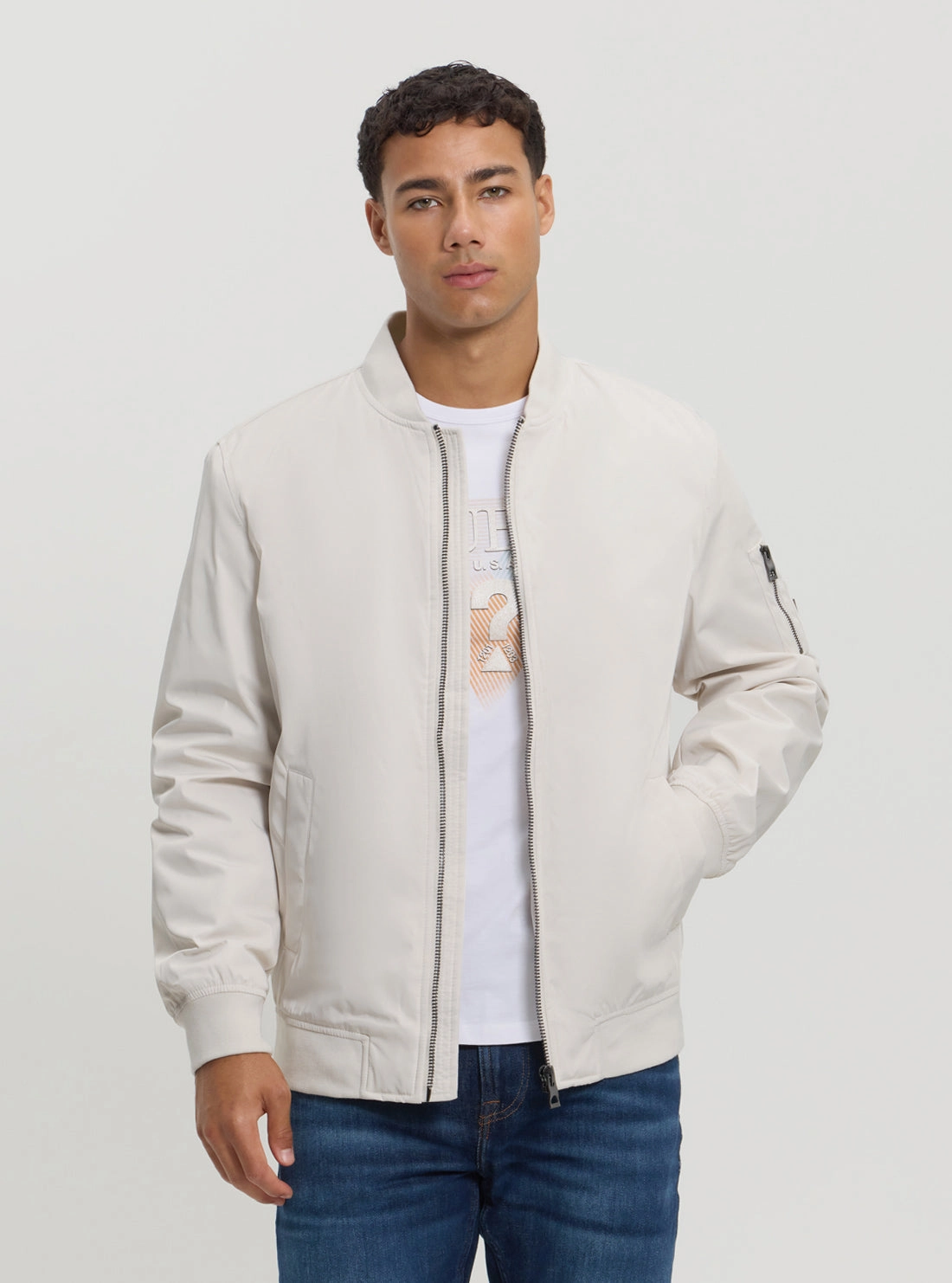 Ergonomic Sleeve Shaping White Satin Bomber Jacket