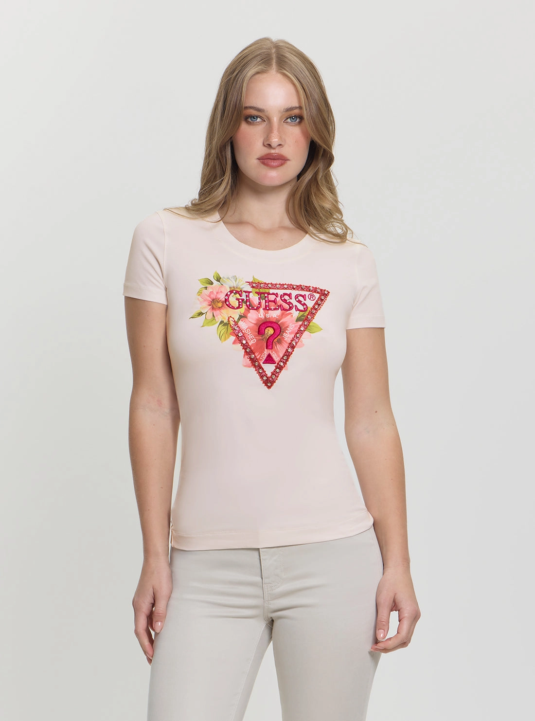 Wrinkle Free Weave White Triangle Logo Beads T-Shirt