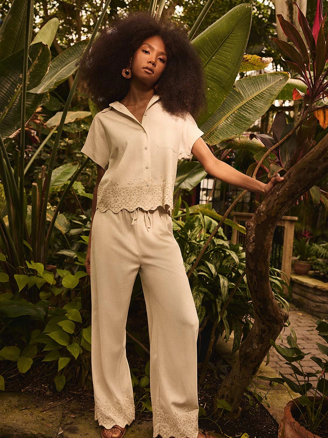 Sustainable Fabric Wide Leg Linen Pant With Embroidered Hem