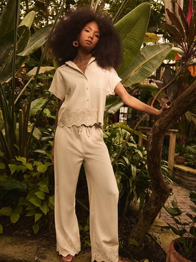 Wide Leg Linen Pant With Embroidered Hem Body Aligned