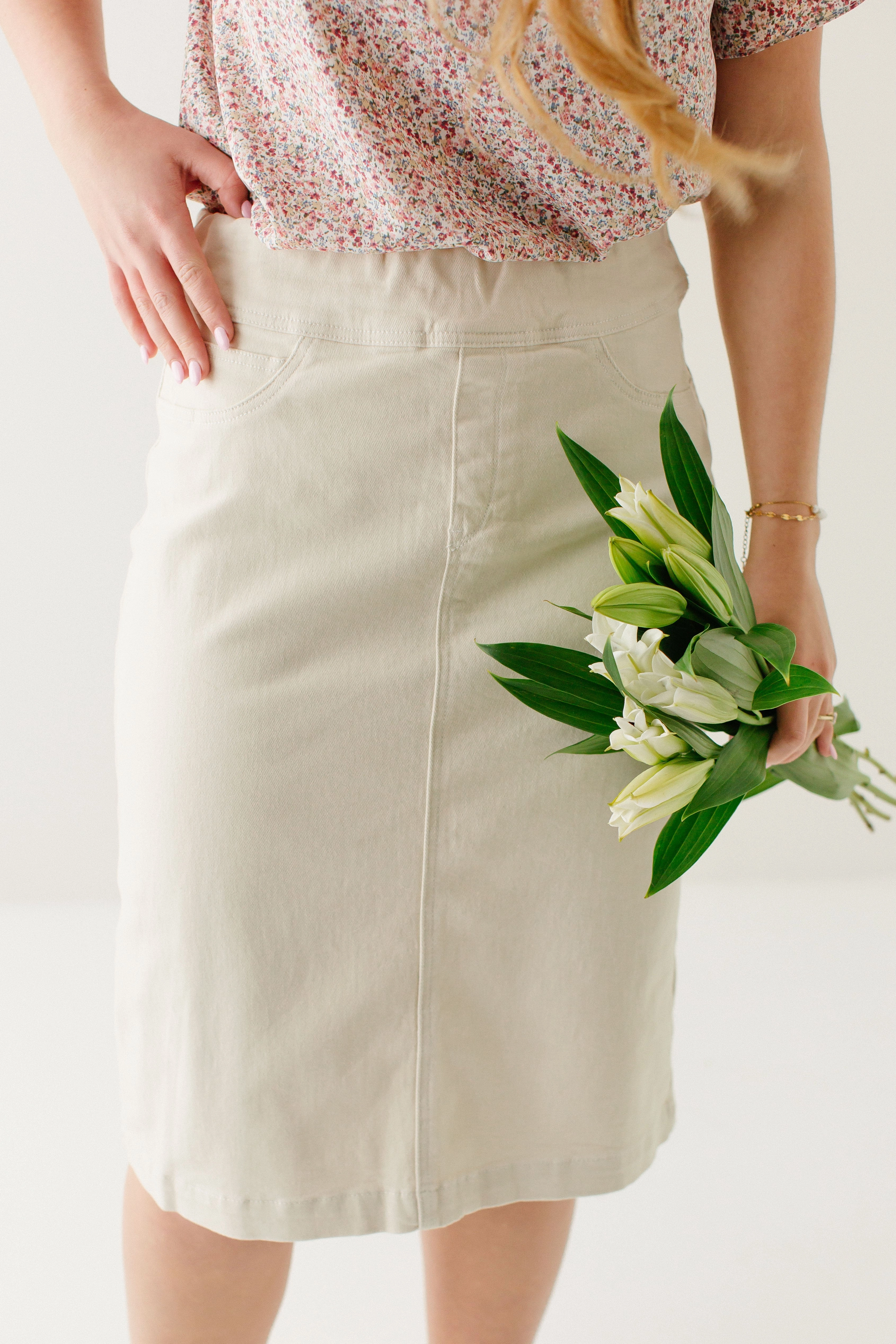 Sleek Styling 'Sara' Stretch Denim Skirt in Alabaster FINAL SALE