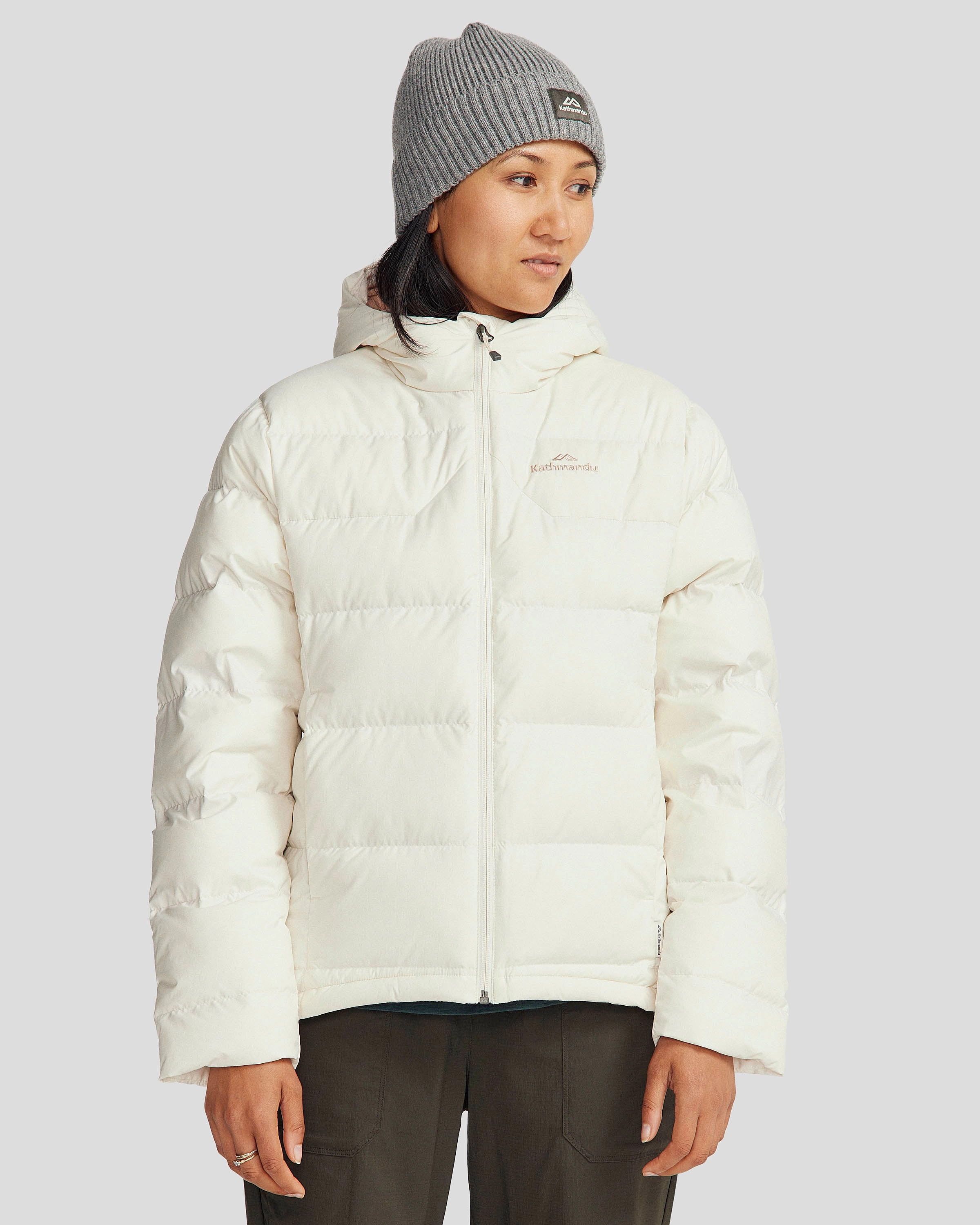 Women's Epiq Hooded Down Jacket - Natural/Mineral Functional Zip Detail Static Dissipating Threading