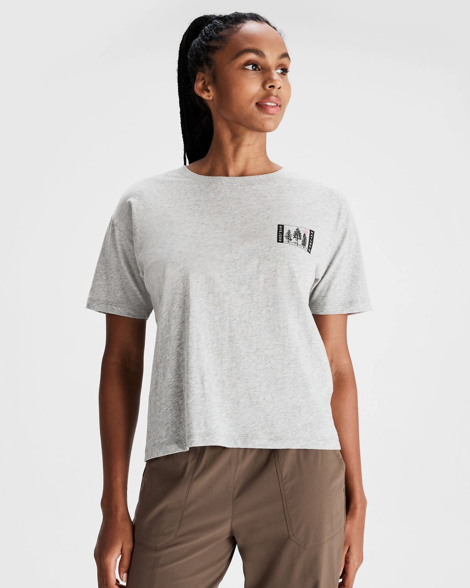 Interlock Stitch Detail Women's Explore Nature Organic Cotton T-shirt - Light Grey Marle