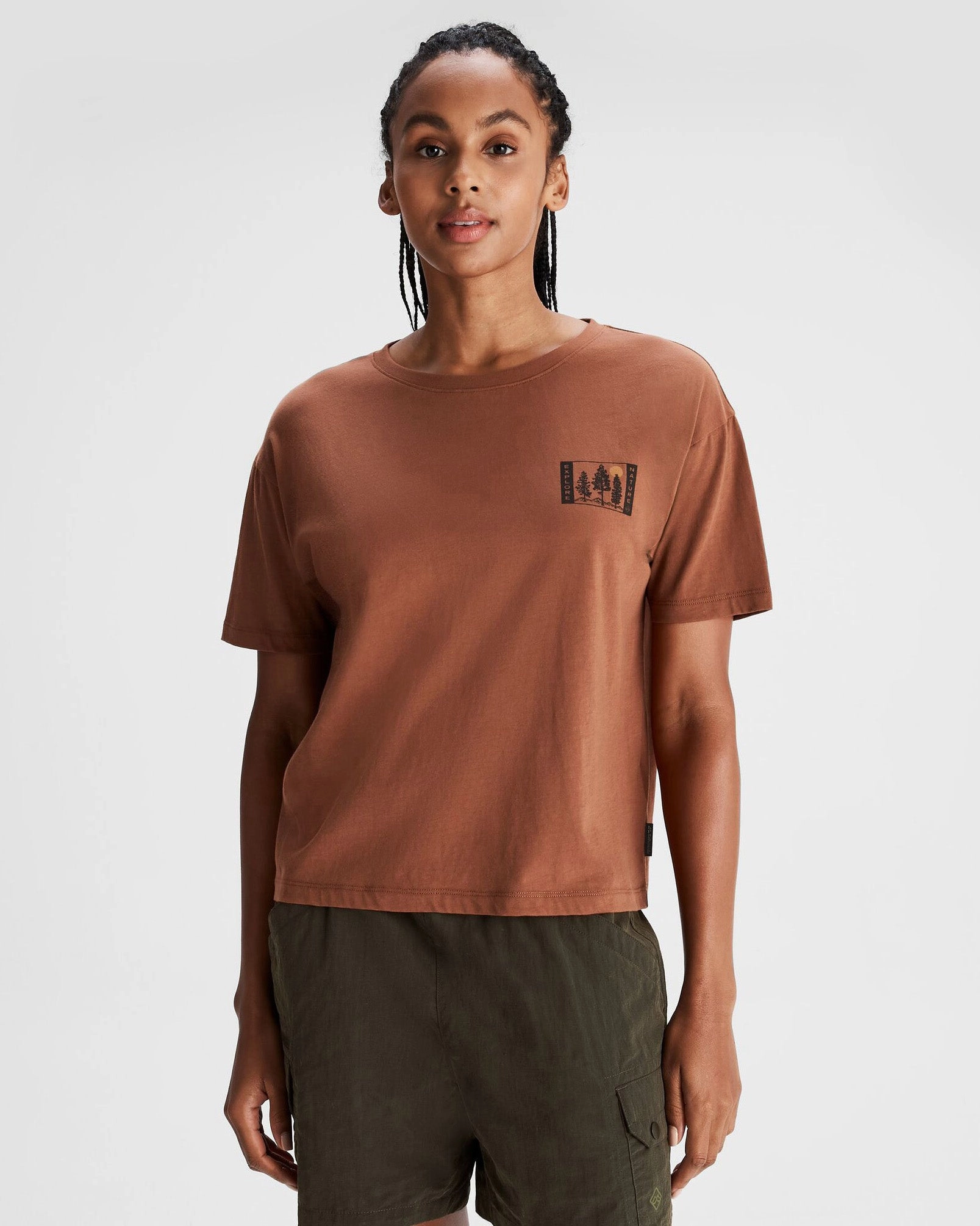 Quick Release Fastener Colorfast Dye Method Women's Explore Nature Organic Cotton T-shirt - Woodsy