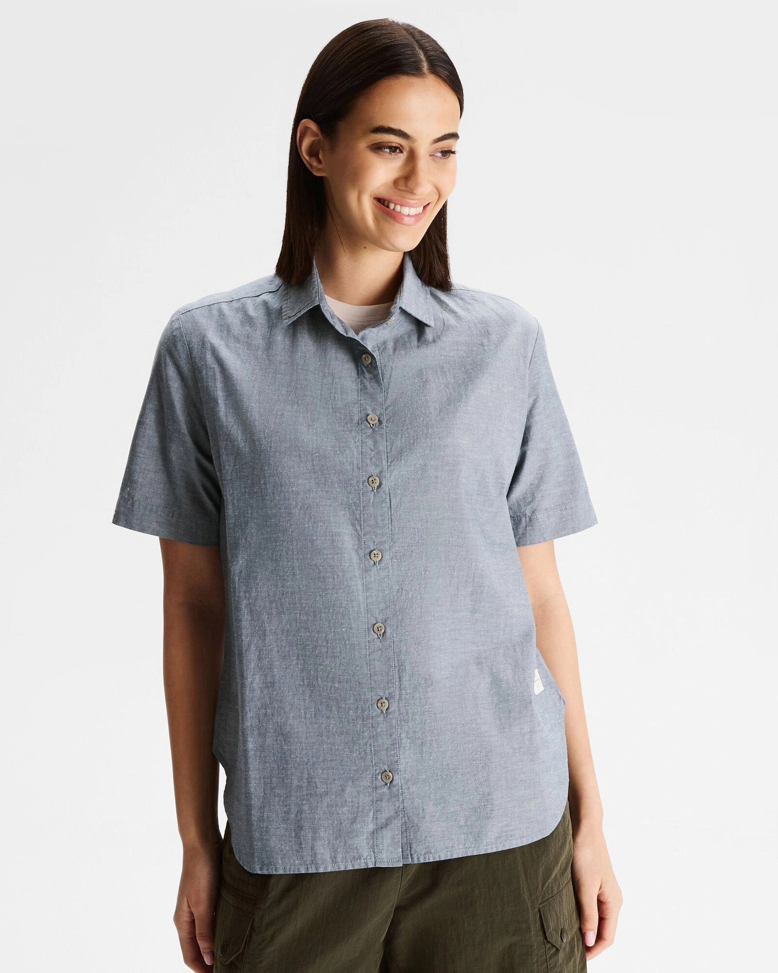 Women's Flaxton LT Short Sleeve Shirt - Chambray Blue Anti Static Fabric Sleek Silhouette