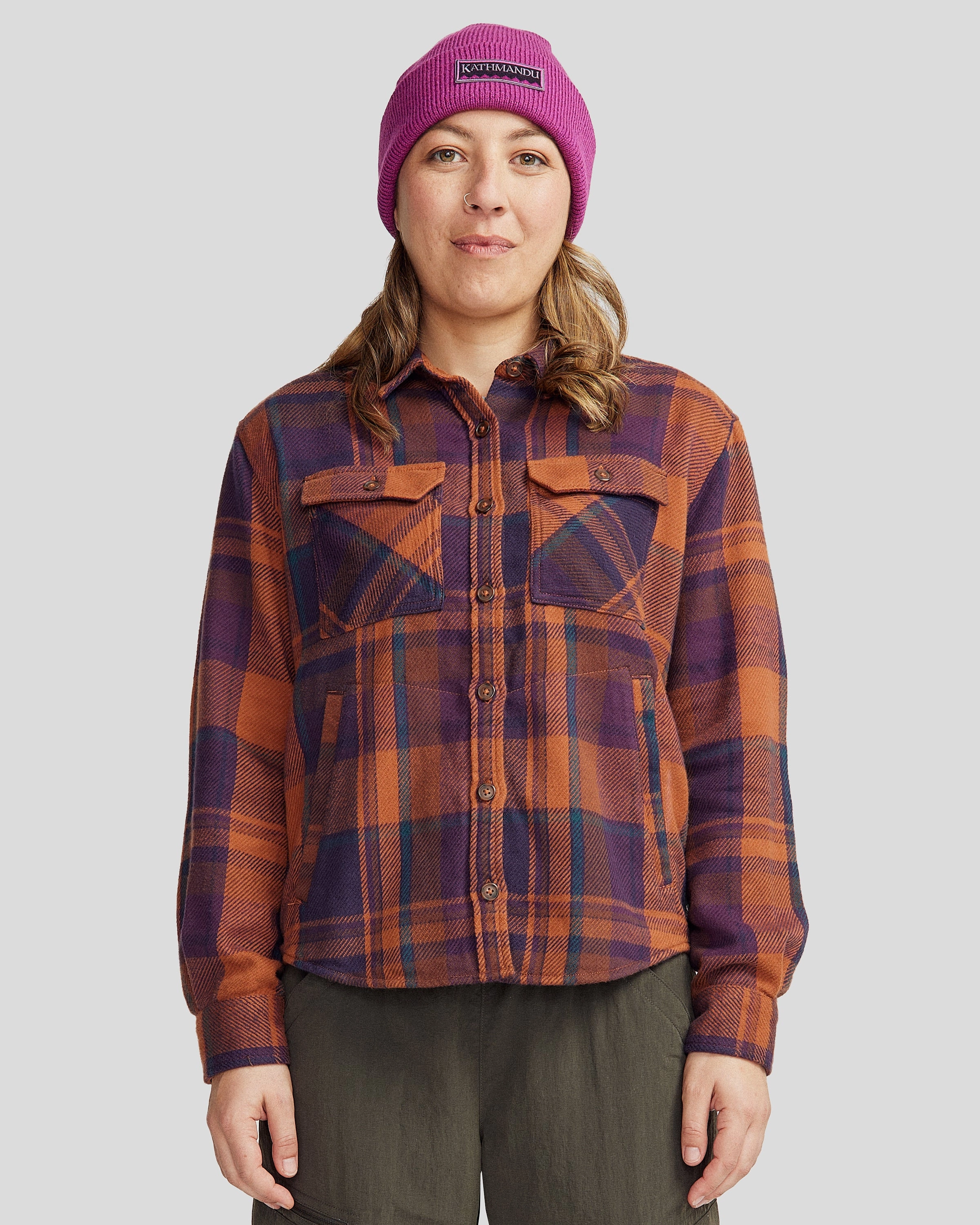 Women??s Huntly Long Sleeve Shirt - Cabin Plaid Woodsy Pullover Design