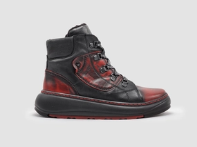 Women's Retro Thick Wool-Lined Leather Boots - Black & Red Waterproof Mountain Climber Party Occasion