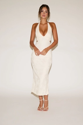 Silk Flow Fit For All HALTER NECK SIDE CUTOUTS LACE OVERLAY MAXI DRESS